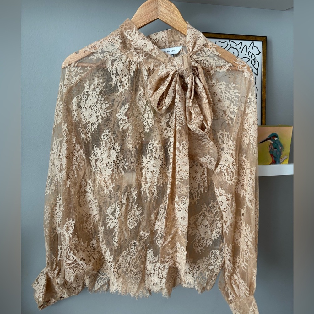 H&M tie- neck Lace Bow Blouse size large - Picture 2 of 7